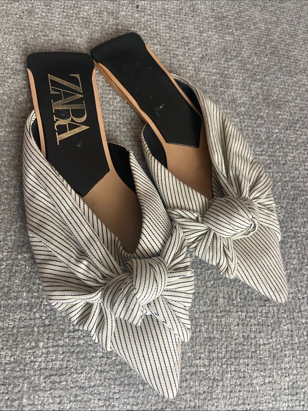 ZARA Cream and Black Striped Knotted Pointed Mules size 11 EU 42